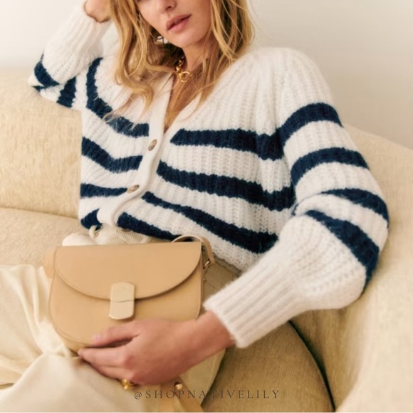 Sézane Basile V-Neck Oversized Striped Cardigan | Sz Small | Ecru White & Navy - Picture 8 of 15